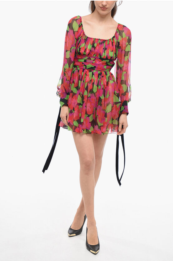 Saint Laurent Draped Silk Dress With Bow Detail And Floral Motif In Multi