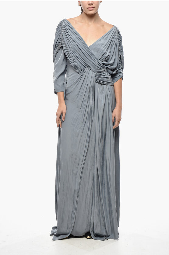 Lanvin Draped Silk Lounge Dress With Cape Sleeves In Gray
