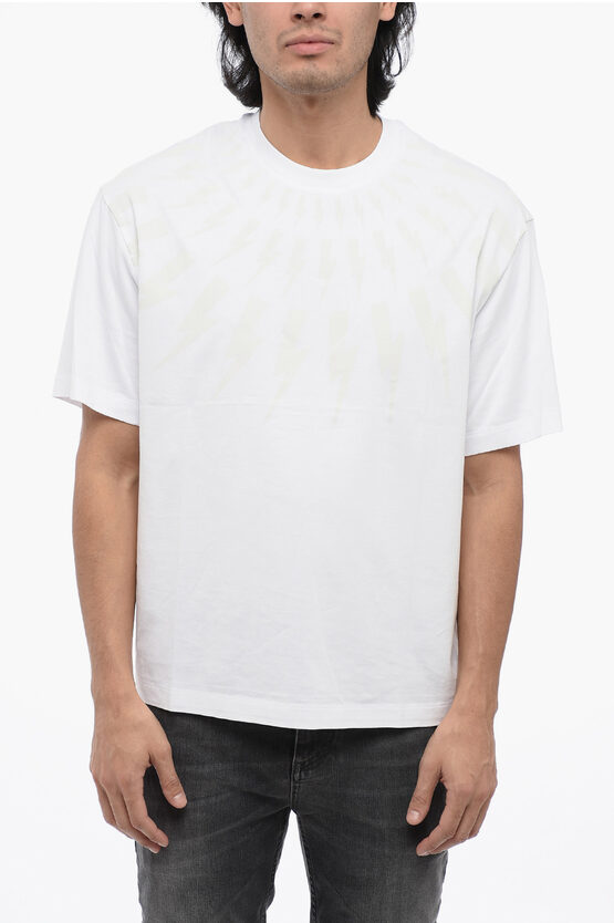 Shop Neil Barrett Dropped Shoulder Fairisle Thunderbolt Cotton T-shirt