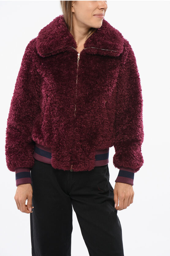 Herno Eco-fur Bomber Jacket With Front Zip In Burgundy
