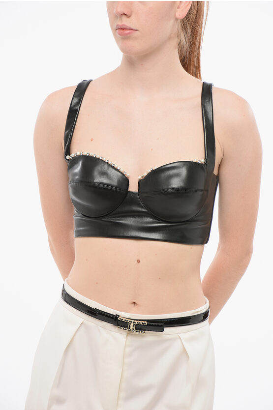 Elisabetta Franchi Eco-leather Bra Top With Decorative Beads In Black