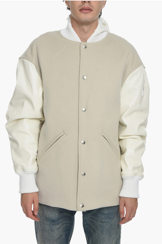 Alyx Eco-leather Sleeve Bomber Jacket With Distressed Hood In Neutral