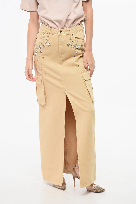 Self-portrait Embellished Jewels Denim Cargo Maxi Skirt In Neutral
