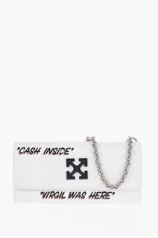 Off-white Embossed Logo Leather Jitney Wallet With Chain In White
