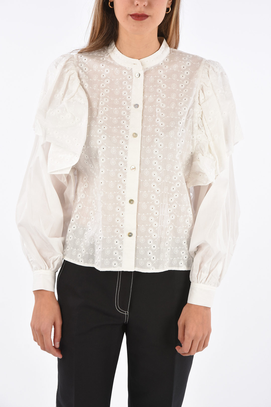 Embroidered Collarless Shirt with Ruffles