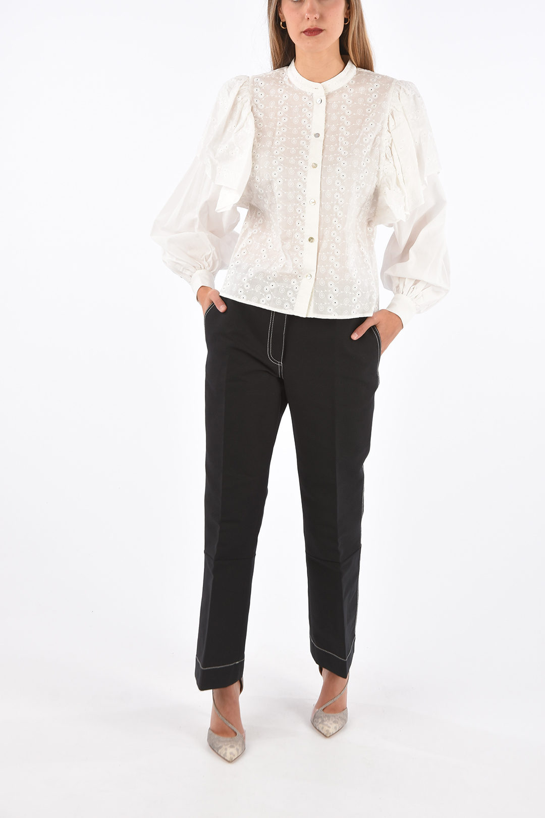 Embroidered Collarless Shirt with Ruffles