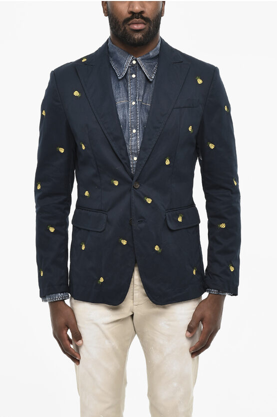 Dsquared2 Embroidered Cotton 2 Buttons Blazer With Flap Pockets