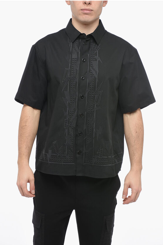 Neil Barrett Embroidered Flower Bolts Boxy Fit Shirt In Black