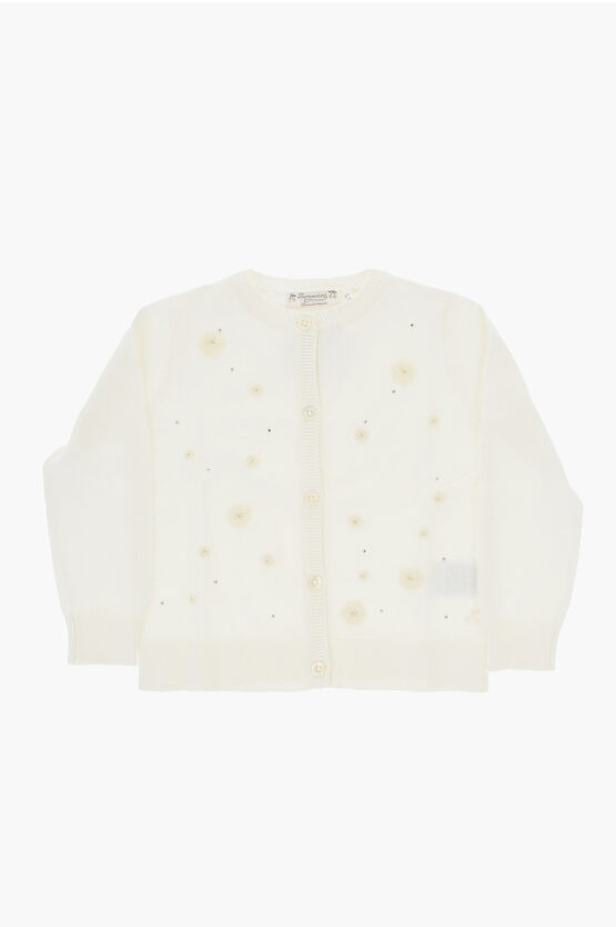 Bonpoint Embroidered Francille Crew-neck Cardigan With Rhinestones