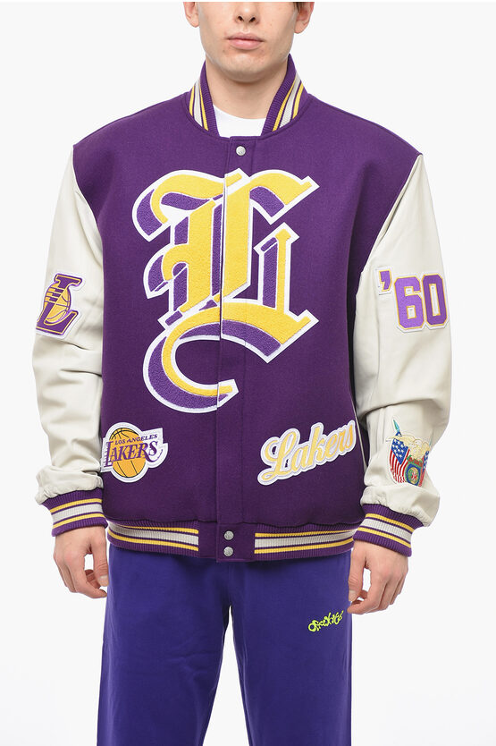 Shop Jeff Hamilton Embroidered Lakers Jacket With Leather Sleeves