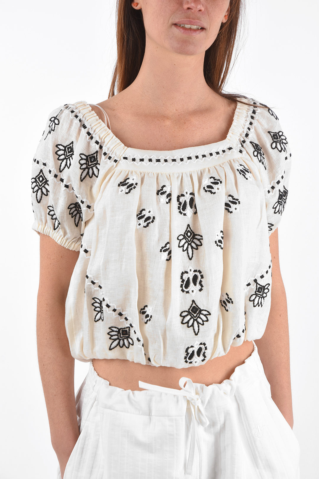 Tory Burch Embroidered Linen Top with Elastic Bands women Glamood Outlet