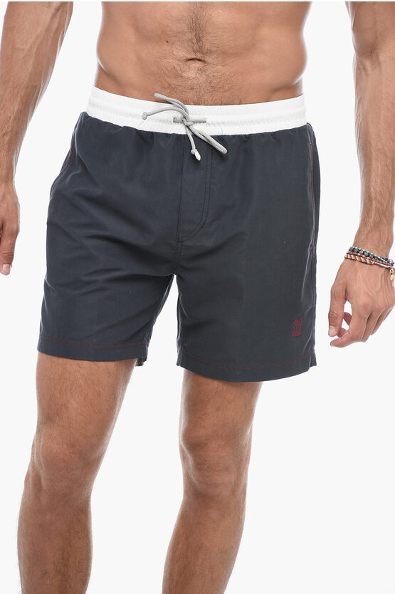 Shop Brunello Cucinelli Embroidered Logo Boxer Swimshort With Contrasting Waistband