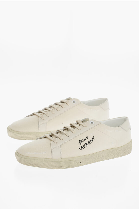 Saint Laurent Embroidered Logo Canvas Low-top Sneakers In Panna