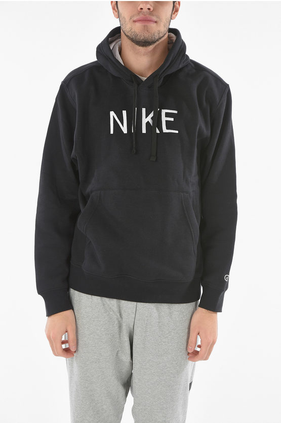 Nike Embroidered Logo Fleece Cotton Hoodie In Black