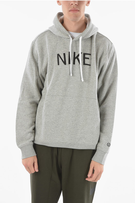 Nike Embroidered Logo Fleece Cotton Hoodie In Grey
