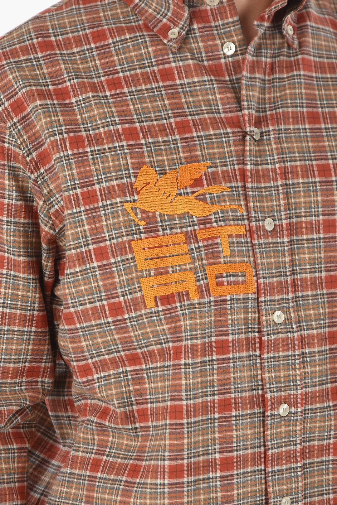 Embroidered Logo Plaid Check Cotton Flannel Shirt