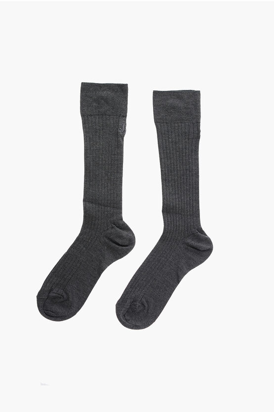 Jil Sander Embroidered Logo Silk Blend Socks In Gray