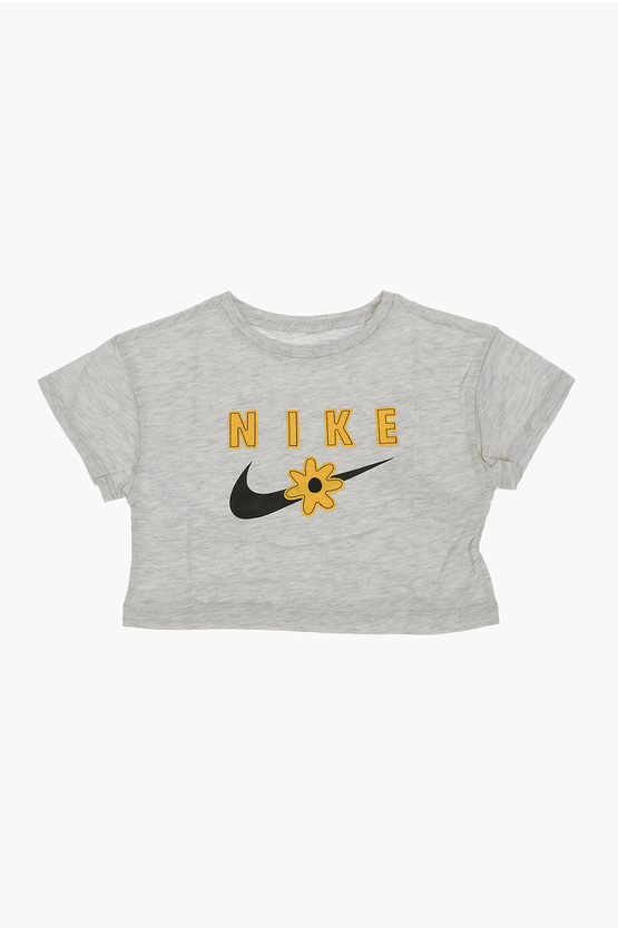 Nike Embroidered Logo Sport Daisy Boxy Crew-neck T-shirt In Grey