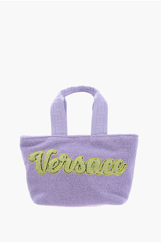 Versace Embroidered Logo Towel Handbag In Black