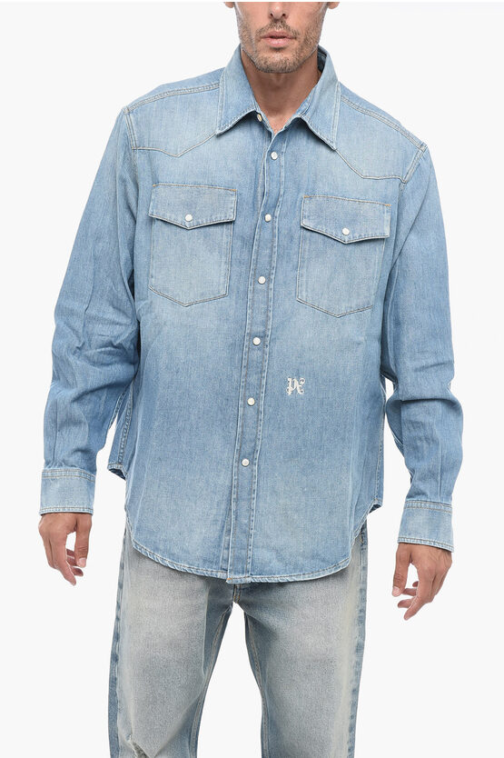 Shop Palm Angels Embroidered Monogram Denim Shirt