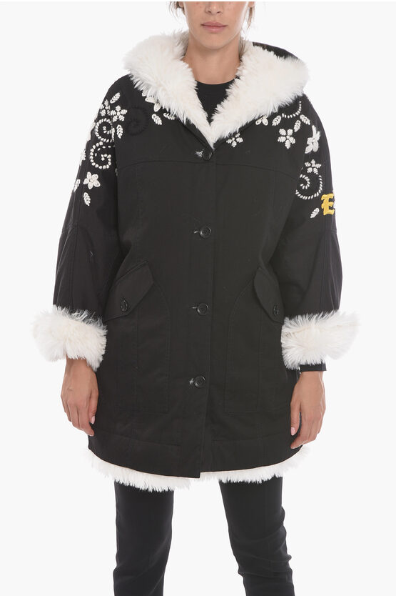 Ermanno Scervino Embroidered Parka With Eco-fur Lining In Black