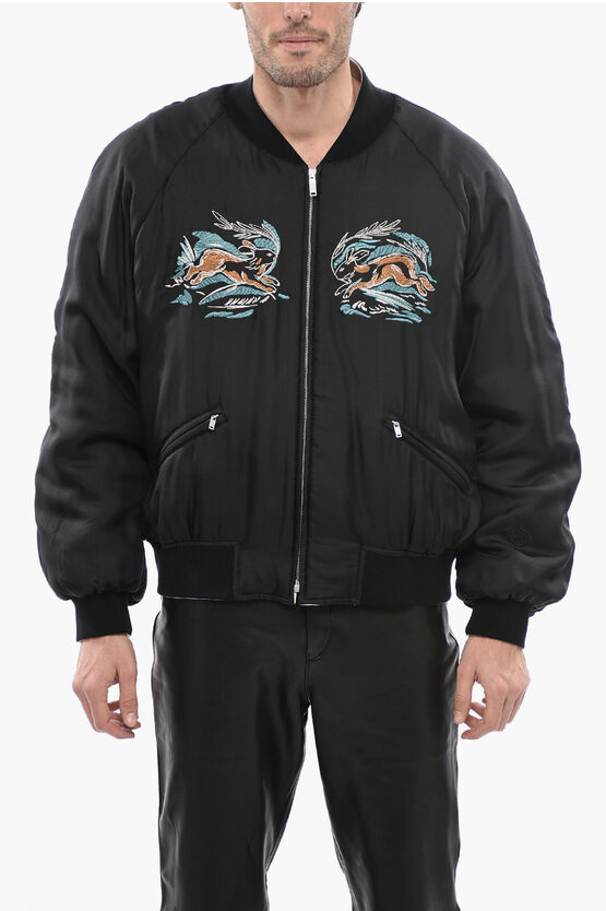Jil Sander Embroidered Silk Rabbit Padded Bomber Jacket In Black