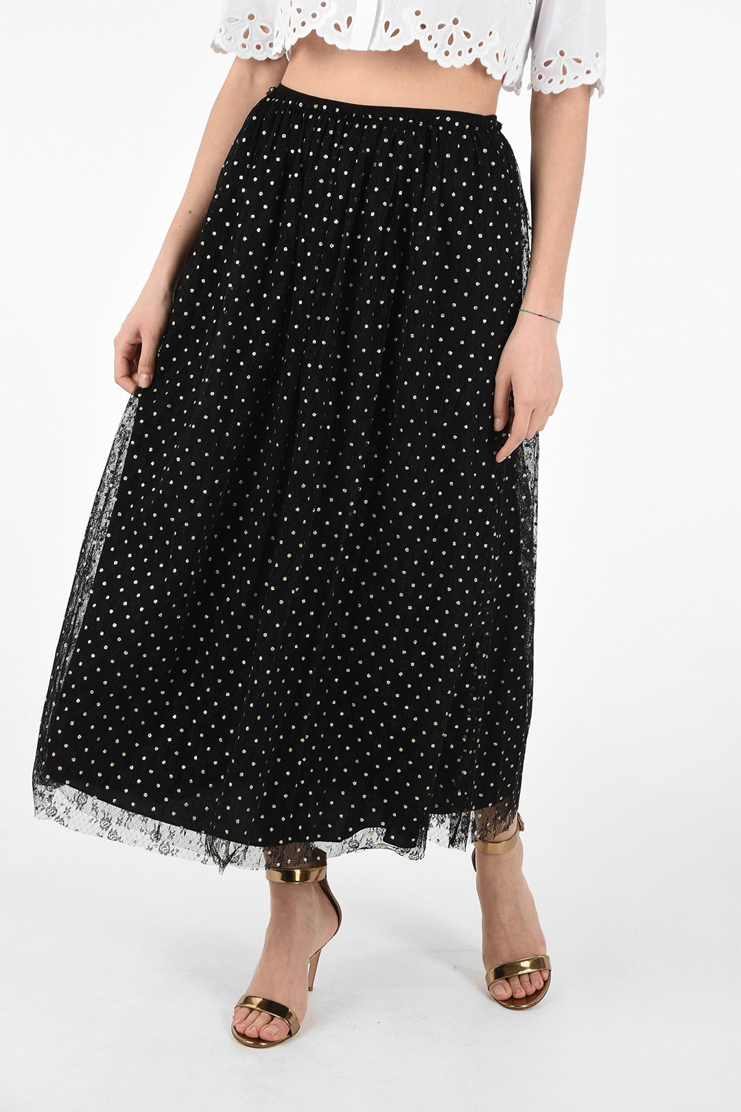 Embroidered Tulle Accordion Skirt with Lurex Polka Dot Details