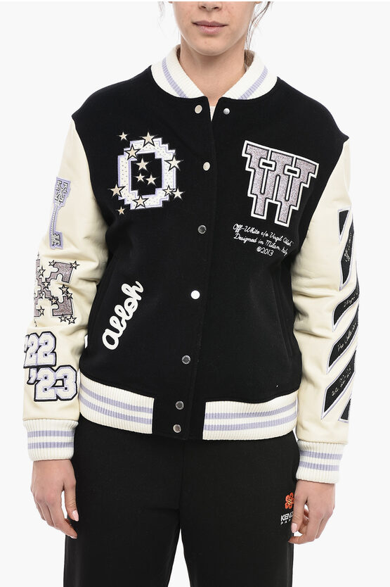 Shop Off-white Embroidered Varsity Bomber With Leather Sleeves