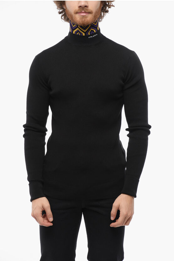 Shop Prada Embroiedered Turtle-neck Cotton Pullover