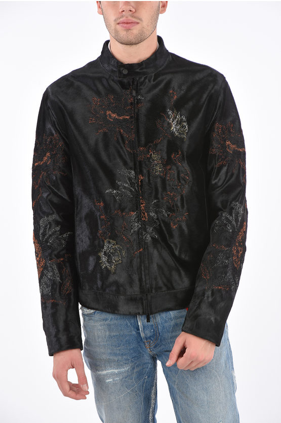 Armani Collezioni Emporio Armani Embroidered Ponyskin Jacket In Black