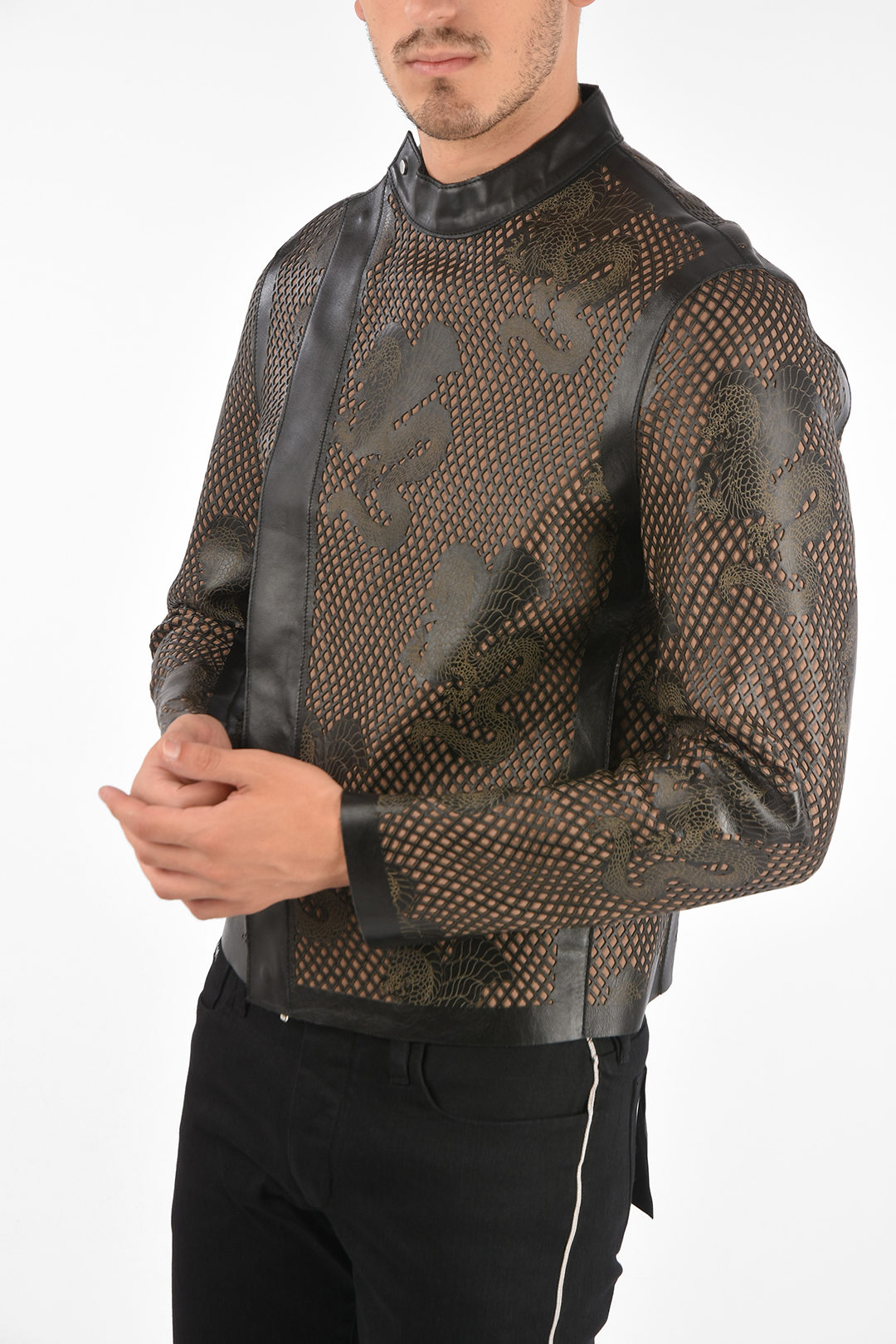 Armani EMPORIO ARMANI Leather Embroidered Jacket men - Glamood Outlet