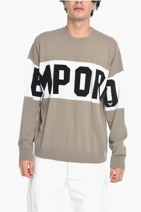 Shop Armani Collezioni Emporio Crew Neck Wool Blend Sweater With Front Logo
