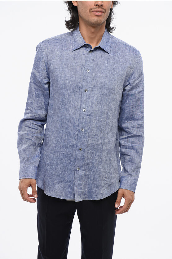 Armani Collezioni Emporio Linen Spread Collar Shirt In Blue