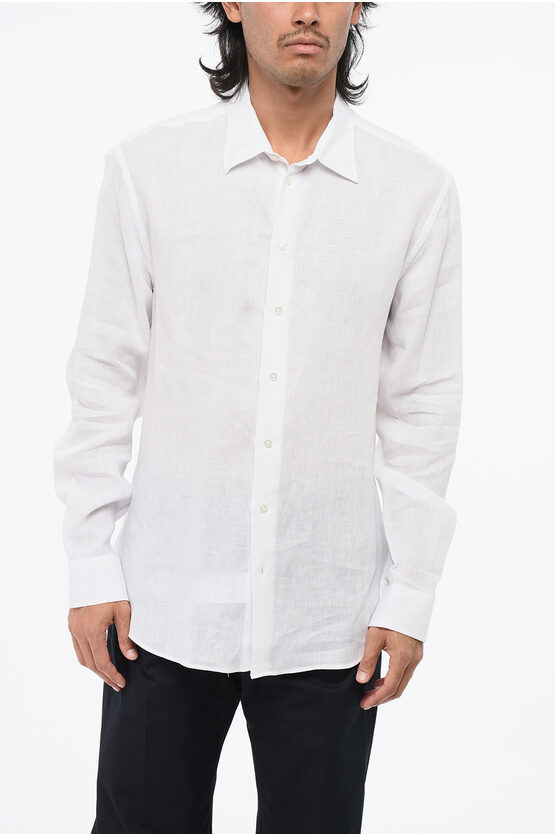 Armani Collezioni Emporio Linen Spread Collar Shirt In White