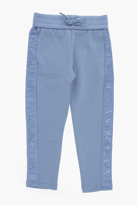 Armani Junior Emporio Solid Color Joggers With Logoed Side Band In Blue
