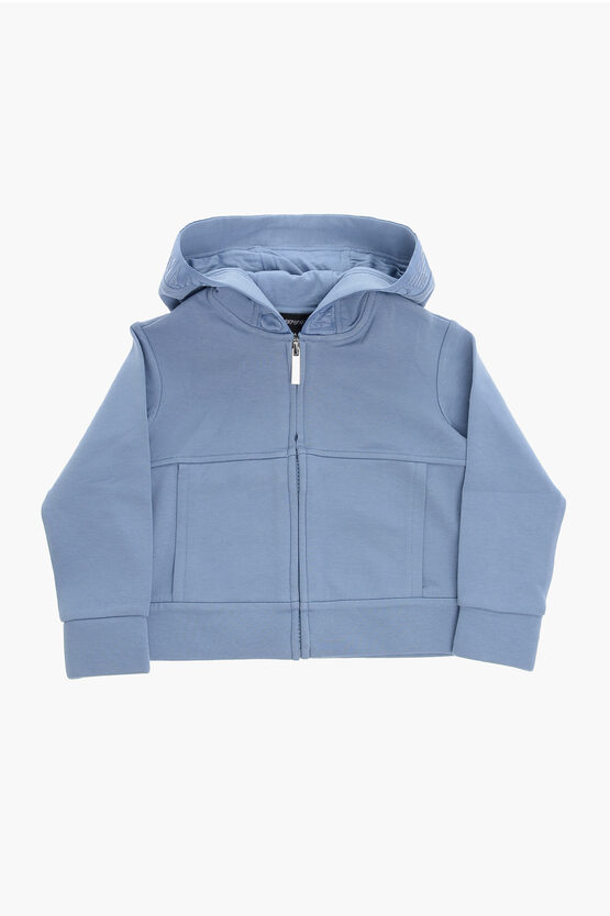 Armani Junior Emporio Solid Colour Sweatshirt With Hood And Zip Closure In Black