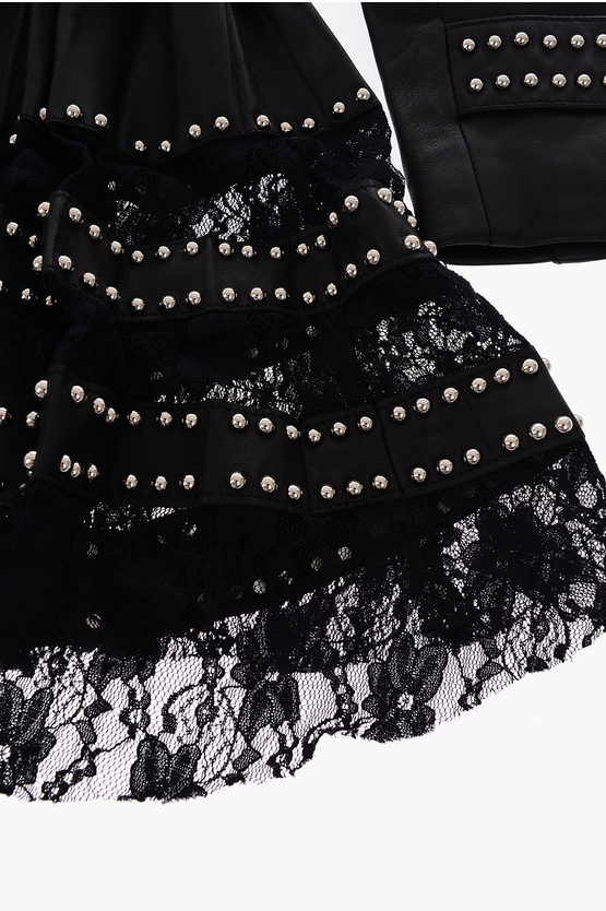 EST.1978 Double-Breasted Studded Leather Coat with Lace Hem