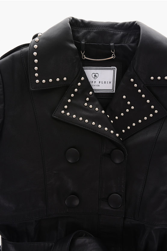 EST.1978 Double-Breasted Studded Leather Coat with Lace Hem