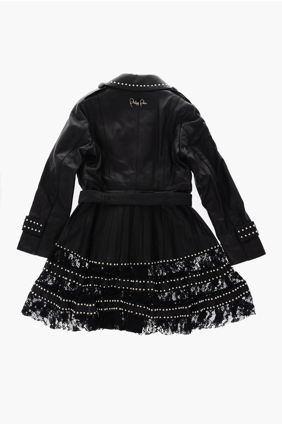 EST.1978 Double-Breasted Studded Leather Coat with Lace Hem