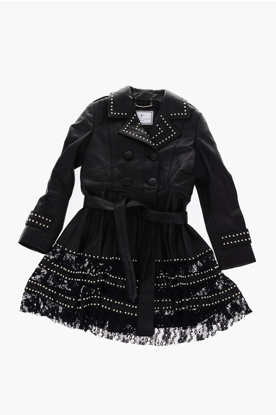 Philipp Plein Kids' Est.1978 Studded Leather Double Breasted Overcoat With Lace In Black