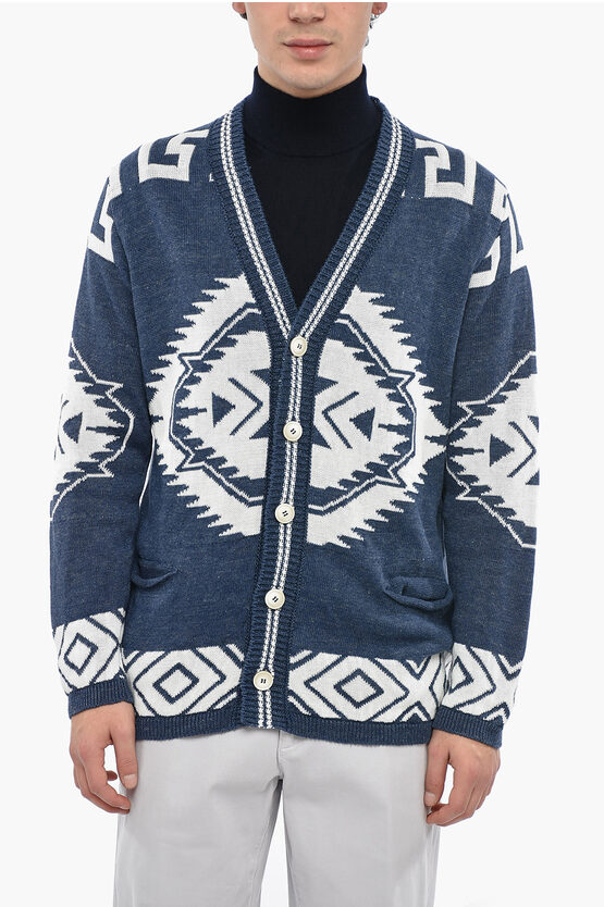Altea Ethnic Motif Flax And Cotton Cardigan In Blue