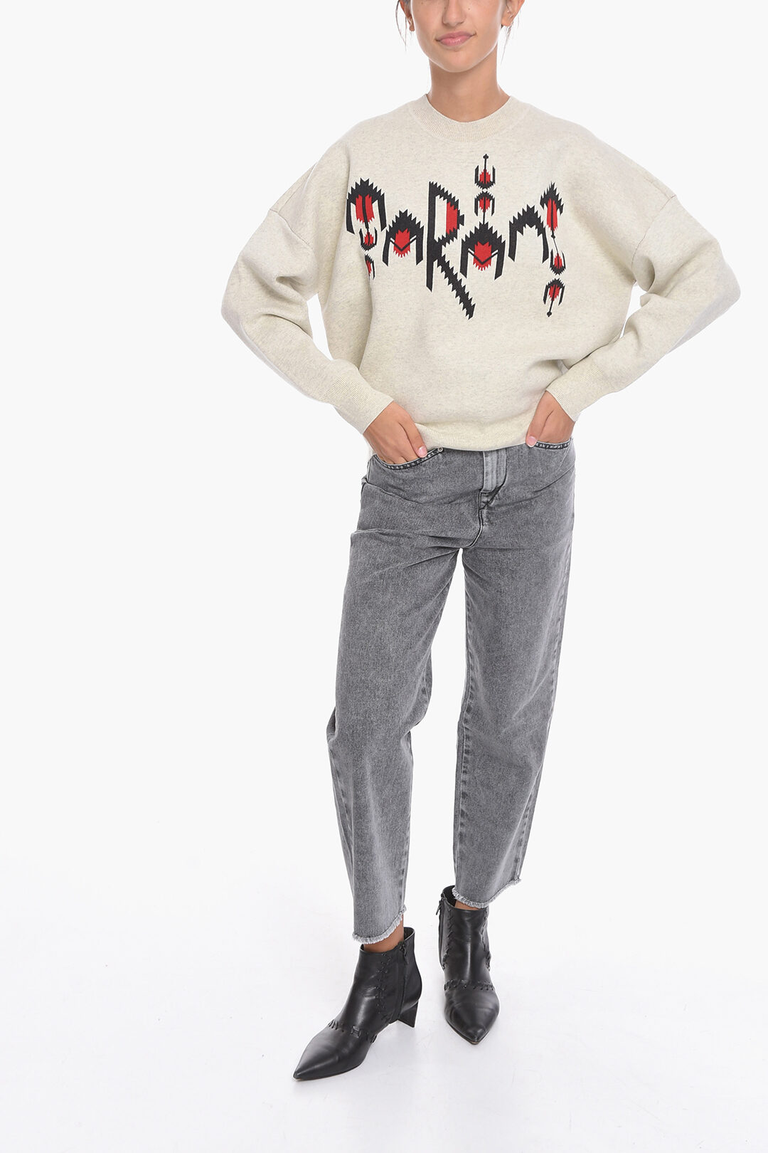 Etoile Cotton-Blend Adison Crewneck Sweater with Jacquard Lo Size 42