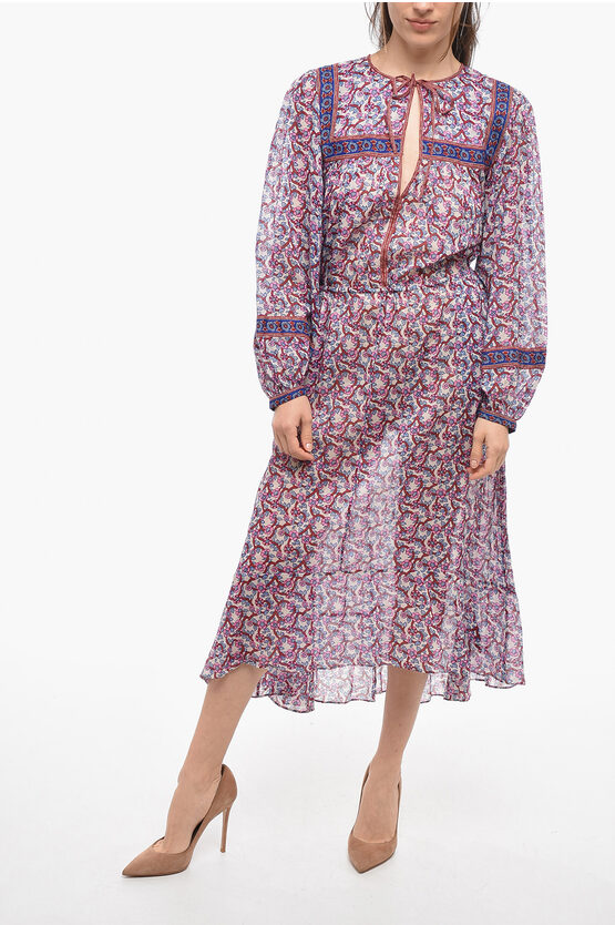 Isabel Marant Etoile Ecrù Cotton Greila Dress With Puffed Sleeves In Purple