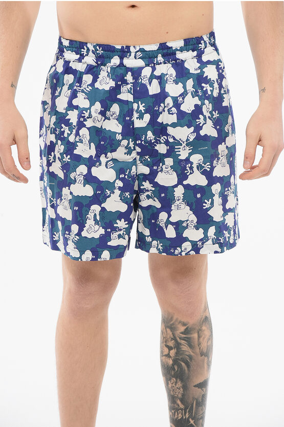 Junya Watanabe By Comme De Garcons Eye Man All-over Printed Cotton Shorts With Drawstring Waist In Blue