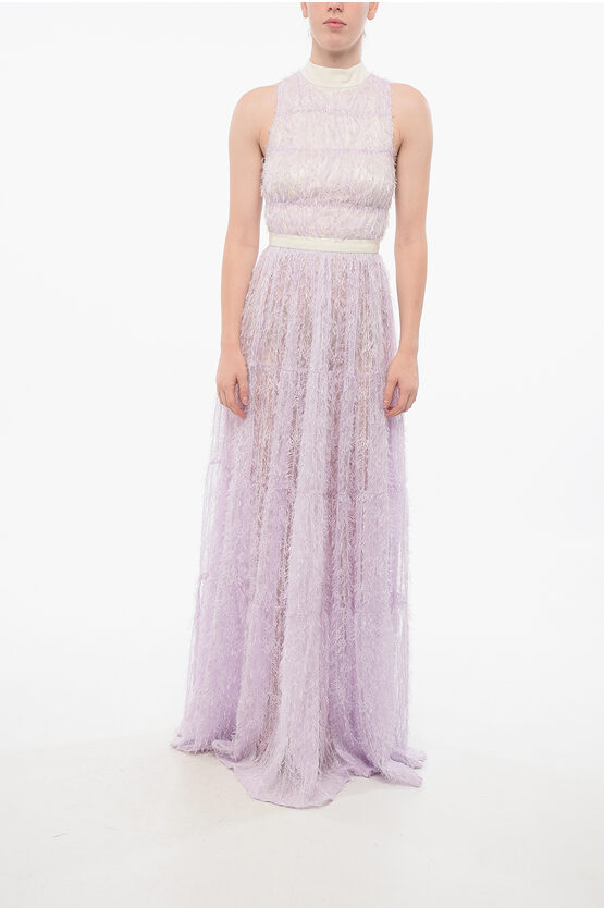 Elisabetta Franchi Eyelash Fabric Halter Neck Dress In Purple