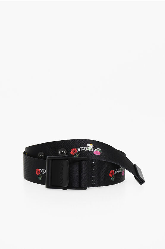 Off-white Fabric Belt With Floral Embroidery 25mm In Black
