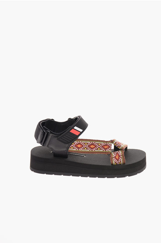 Prada Fabric Sandals with Leather Details and Touch Strap Closure