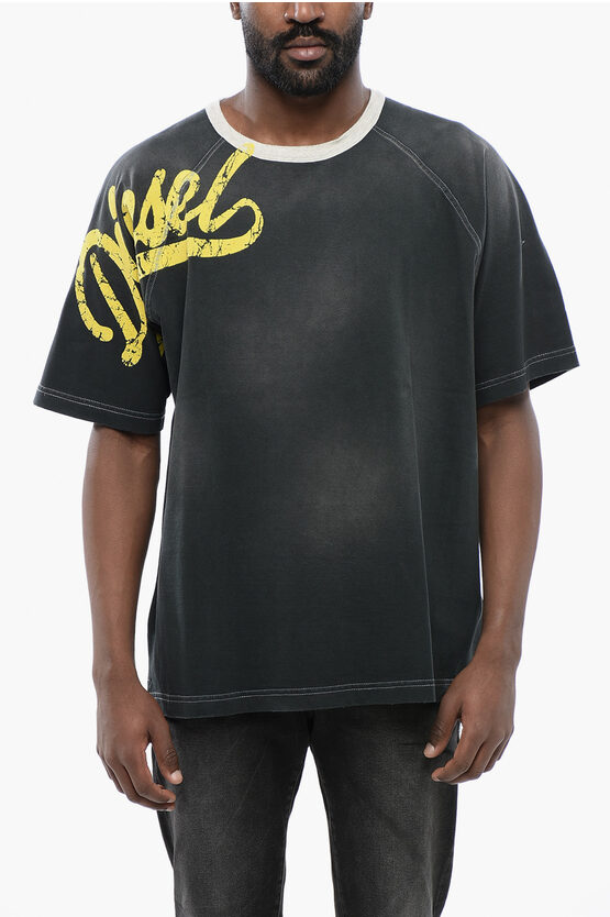 Diesel Faded Effect T-roxt-slits Crew-neck T-shirt With Flocked Log In Black