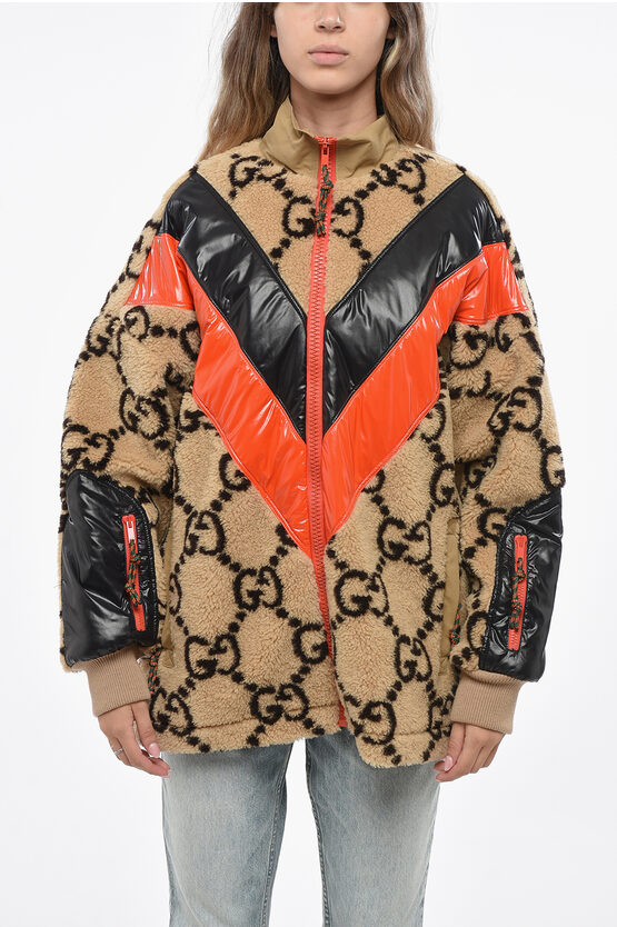 Gucci Faux Fur Logoed Jacket With Nylon Details In Multi