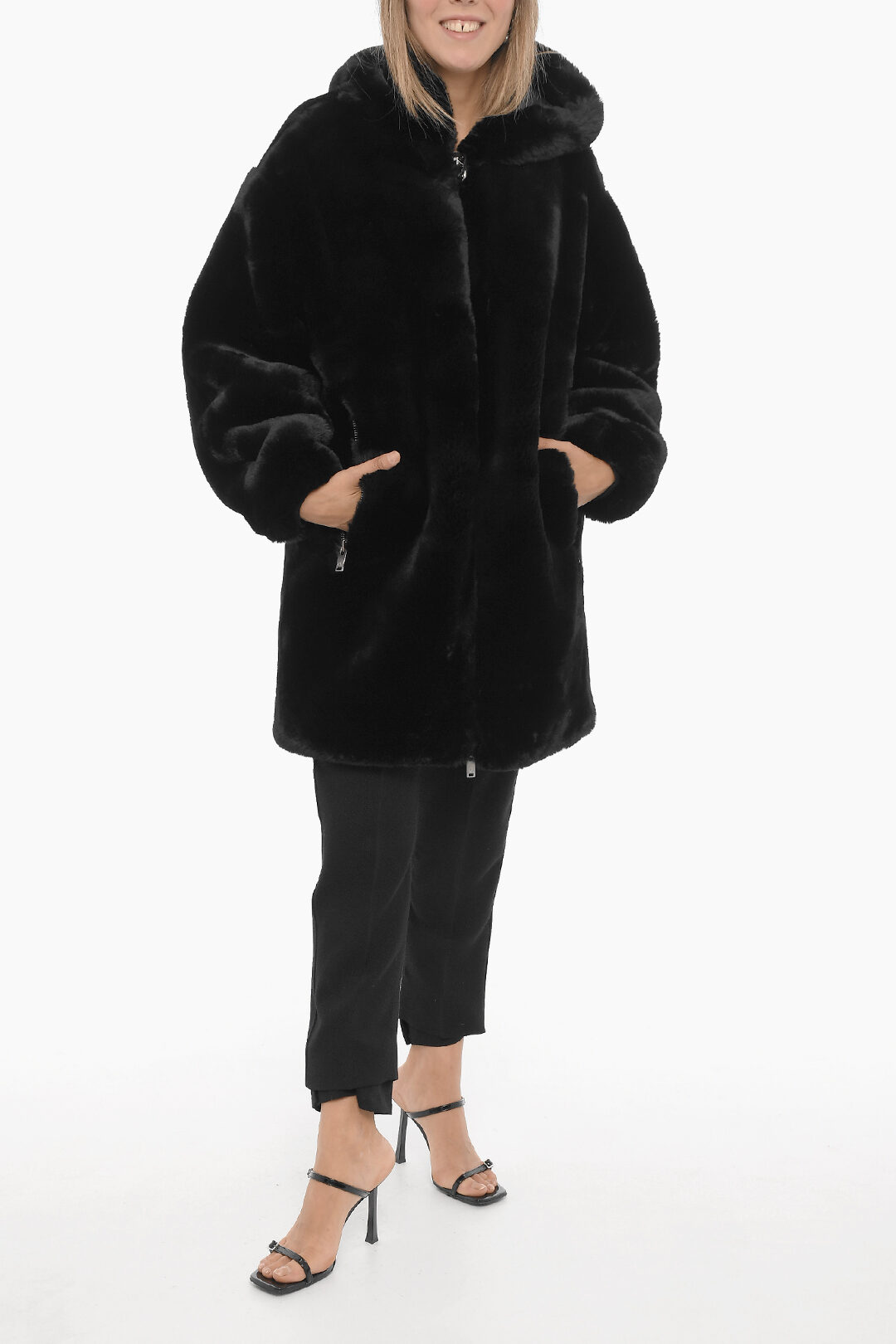 Donna Karan Black store Fur Hooded Anorak Parka Double Zip